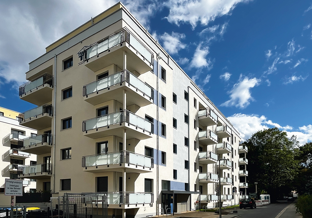 Fassade EichbuschKarree Eingang Eichbuschallee 9F, ein Objekt der WBG "Treptow Nord"