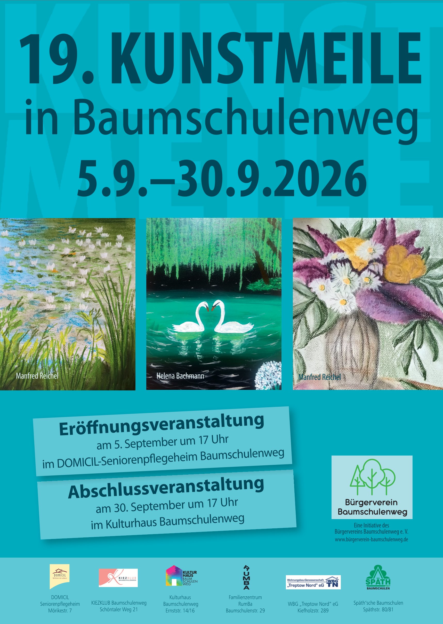 Plakat mit allen Informationen zur 19. Kunstmeile in Baumschulenweg.