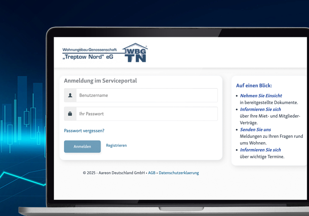Laptop mit Anmeldung zum Serviceportal der WBG "Treptow Nord"